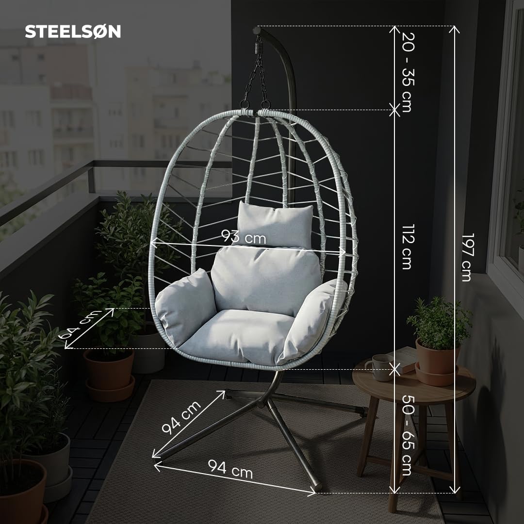 STEELSØN Alarian Hängesessel mit Gestell – Hängestuhl Rattan Outdoor & Indoor mit Kissen – Hängekorb Grau höhenverstellbar – Gartenschaukel für Erwachsene & Kinder – Hanging Chair faltbar bis 150kg