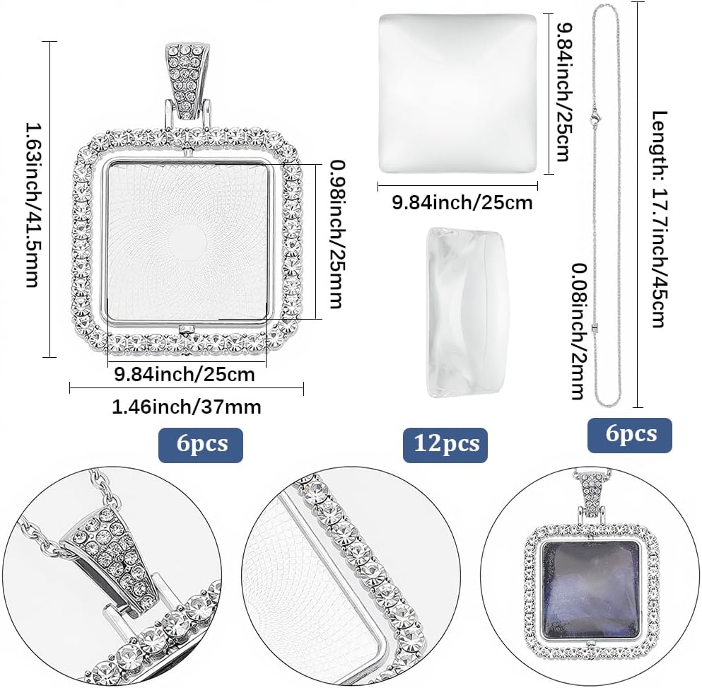 24Pcs 6 Sets Cabochon Necklace Kit Square Bezel Pendant Trays with Glass Cabochons and Chain Rhinestone Rotatable Double Sided Bezel Charms for Jewelry Making Supplies Necklace Gift Adults - Image 2