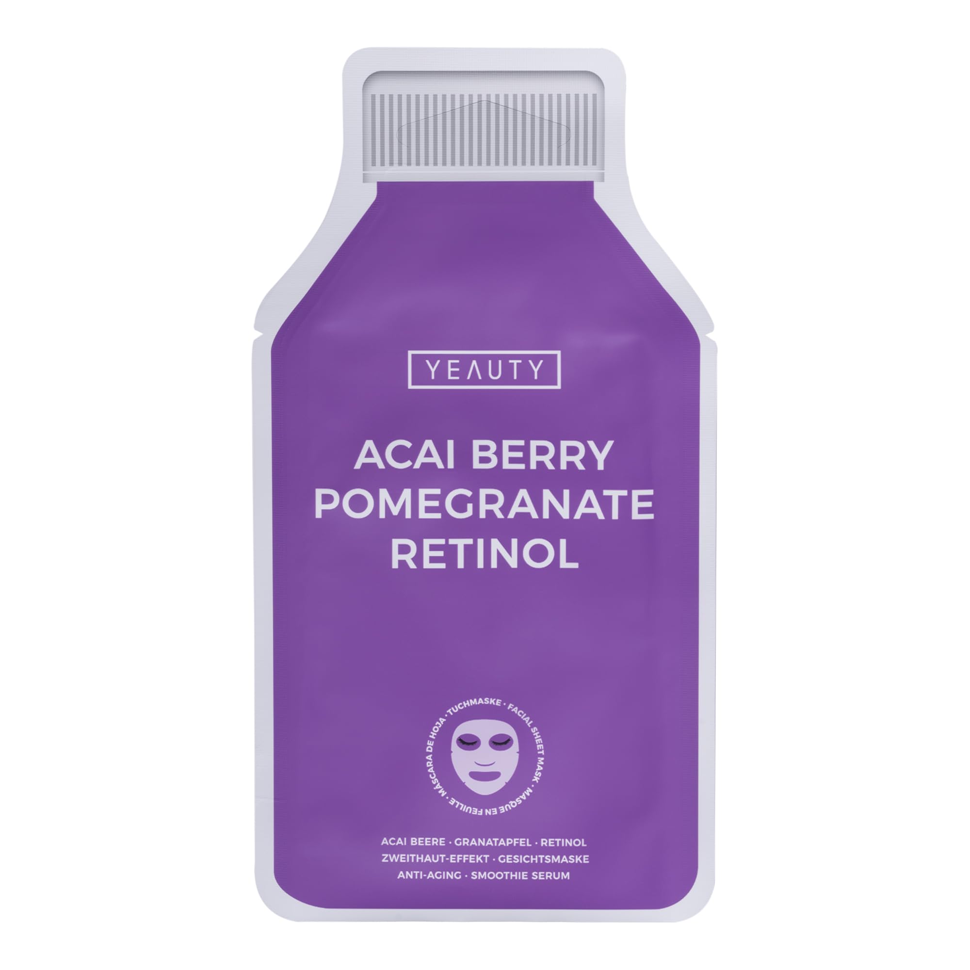YEAUTY SMOOTHIE Tuchmaske Acai Berry, Pomegranate, Retinol – Feuchtigkeitsspendende Gesichtsmaske für intensive Pflege, strahlende Haut – 100% biologisch abbaubar – 1er Pack