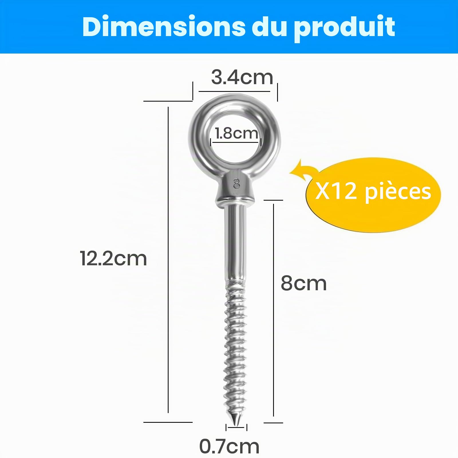 12 pièces boulons à œil | Boulon à œil M8 x 80 mm | Boulon à œil 304 en acier inoxydable | boulon à œil M8 | Boulon à œil | Crochet à vis M8 écrou annulaire pointu