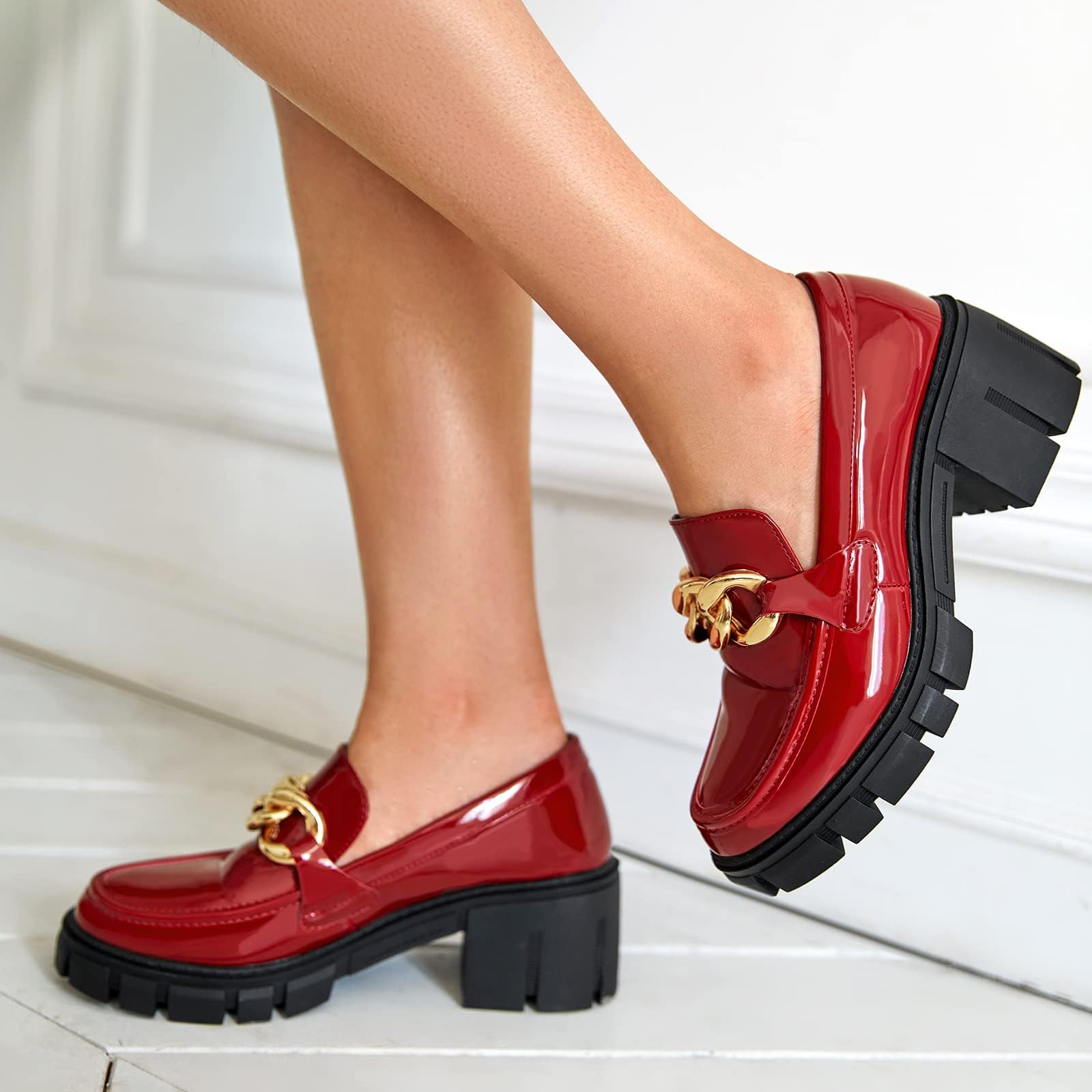 TINSTREE Platform Loafers for Women with Chain Comfort Chunky Heel Slip On Round Toe Business Work Shoes