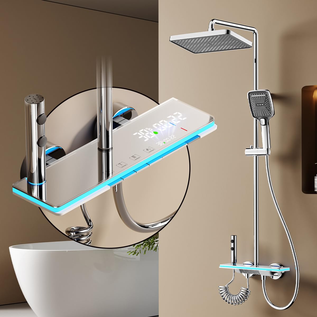 Kolumna prysznicowa z baterią, system prysznicowy z deszczownicą 30x20cm, ukryta wylewka do wanny, cyfrowy wyświetlacz LED, chrom