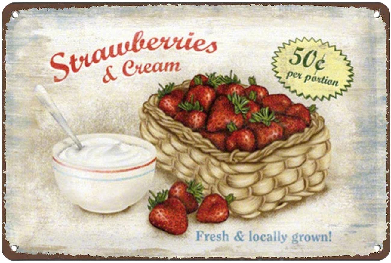 Bctxxa Metal Sign Strawberries And Cream Signs Retro Metal Sign Plaque Poster 8X12 Inch