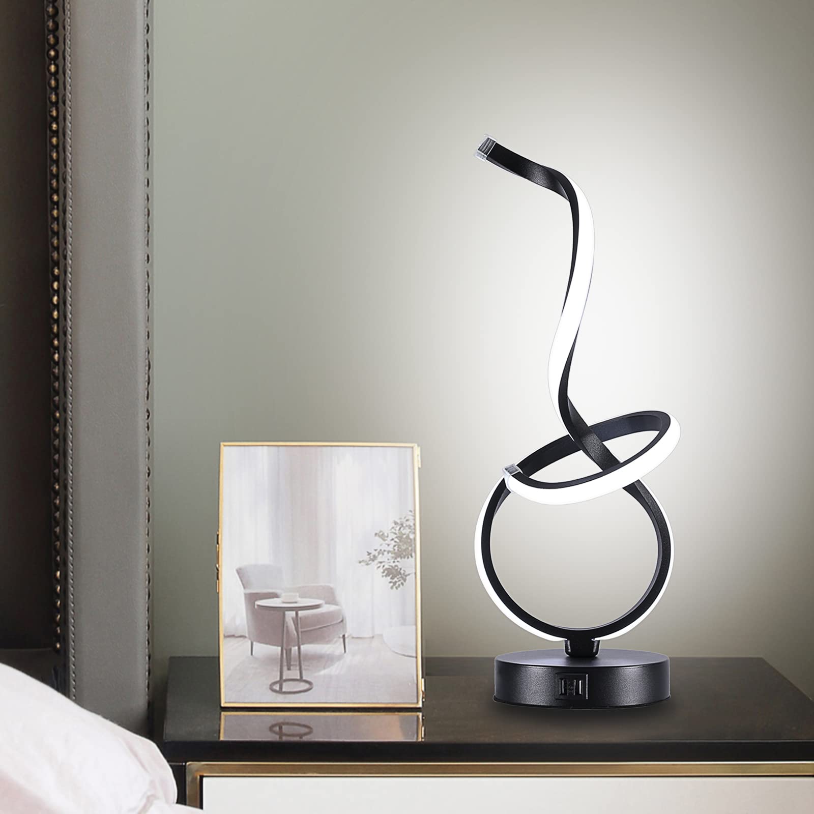 Tischlampe mit 2 USB Ladeanschlüssen Kreative Moderne LED Schwarze Leselampe für Arbeitszimmer Schlafzimmer Bürolampe Nachttisch Schreibtischlampen Kühles Weißes Licht 16W