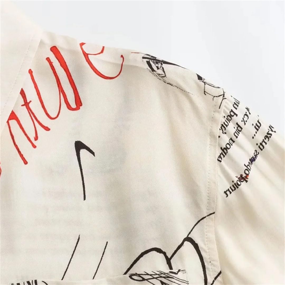 Primavera Donne Retro Loose Graffiti Stampa Polo Colletto Manica Lunga Camicia