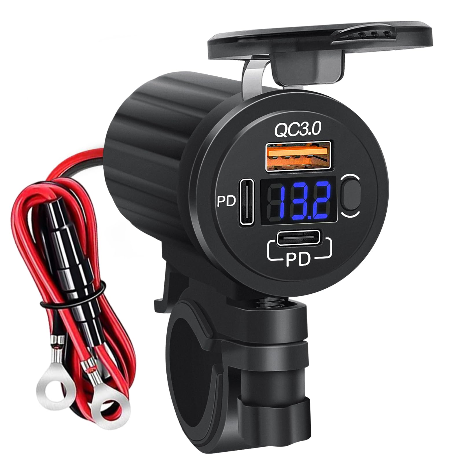 Motorcycle USB Charger for Phone, 3 Ports 78W Dual PD3.0 & QC3.0 Motorcycle Phone Charger with Voltmeter & Switch, Waterproof Motorcycle Accessories