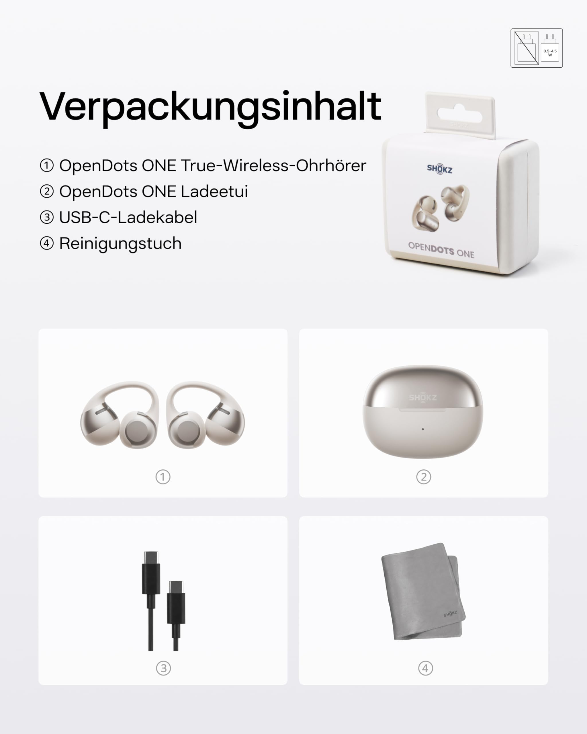 SHOKZ OpenDots ONE Open Ear Kopfhörer, Premium Dolby Audio, Clip On Earbuds mit Mikrofon, Bluetooth 5.4, schnelles Aufladen, 40 Stunden Spielzeit, IP54, Gewicht 6,5g, mit Reinigungstuch, Grau