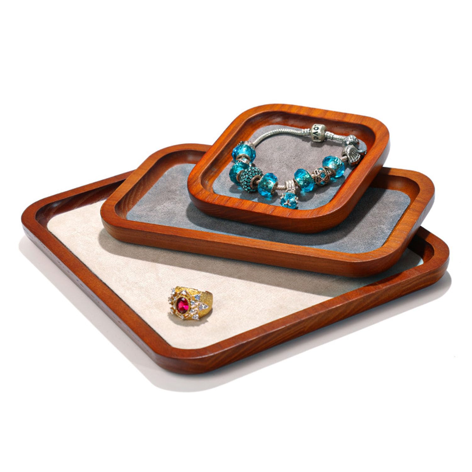 Ensemble de 4 plateaux rangement bijoux, plateau présentation bois massif