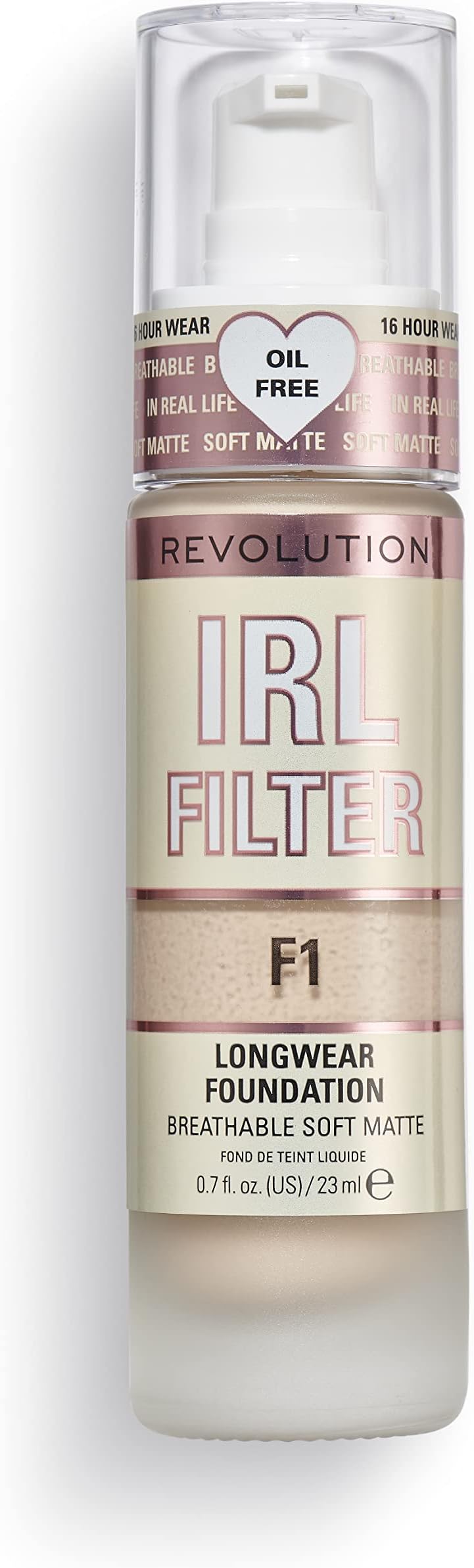 Makeup Revolution IRL Filter, Longwear Foundation, Medium to Full Coverage, Matte Finish, 16 Hour Wear, F1, Fair To Light Skin Tones, 23ml