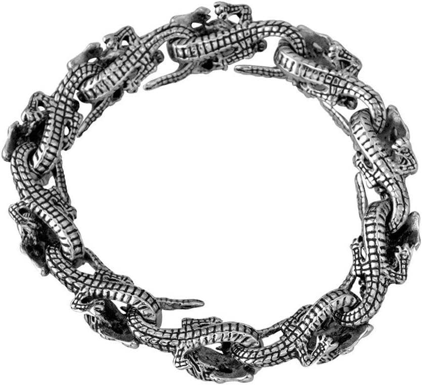 PAMTIER Men's Stainless Steel 23.5CM Length Vintage Punk Personality Crocodile Biker Bangle Bracelet Lizard Animal Charm Silver Black