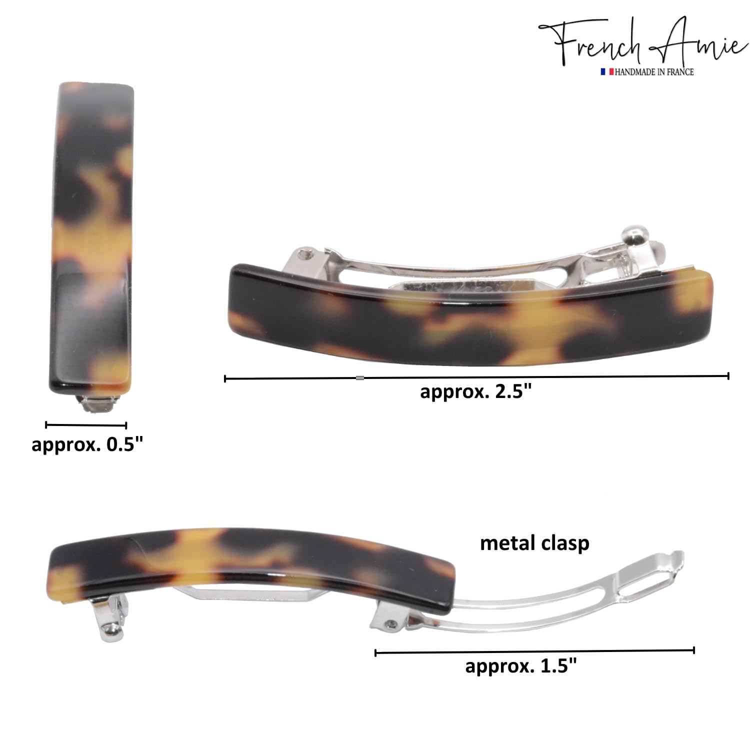 French Amie Bar Mini Set of 6 Celluloid Acetate Onyx Silver Grey Opera Ivory Tokyo White Tokyo Amber Brown Handmade Small Hair Clip Barrette for Women (2.5 inch)