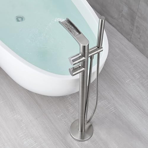 Miniatura 6 de Qinkell Grifo termostático independiente para bañera con cascada, níquel cepillado, montaje en piso, grifos de baño con ducha de mano