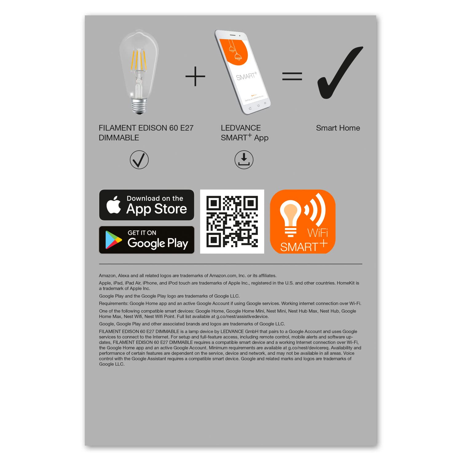 LEDVANCE Lámpara LED inteligente con tecnología WiFi, enchufe E27, regulable, blanco cálido (2700 K), reemplaza las lámparas incandescentes por 60W, filamento SMART+ WiFi Edison Regulable,paquete de 4