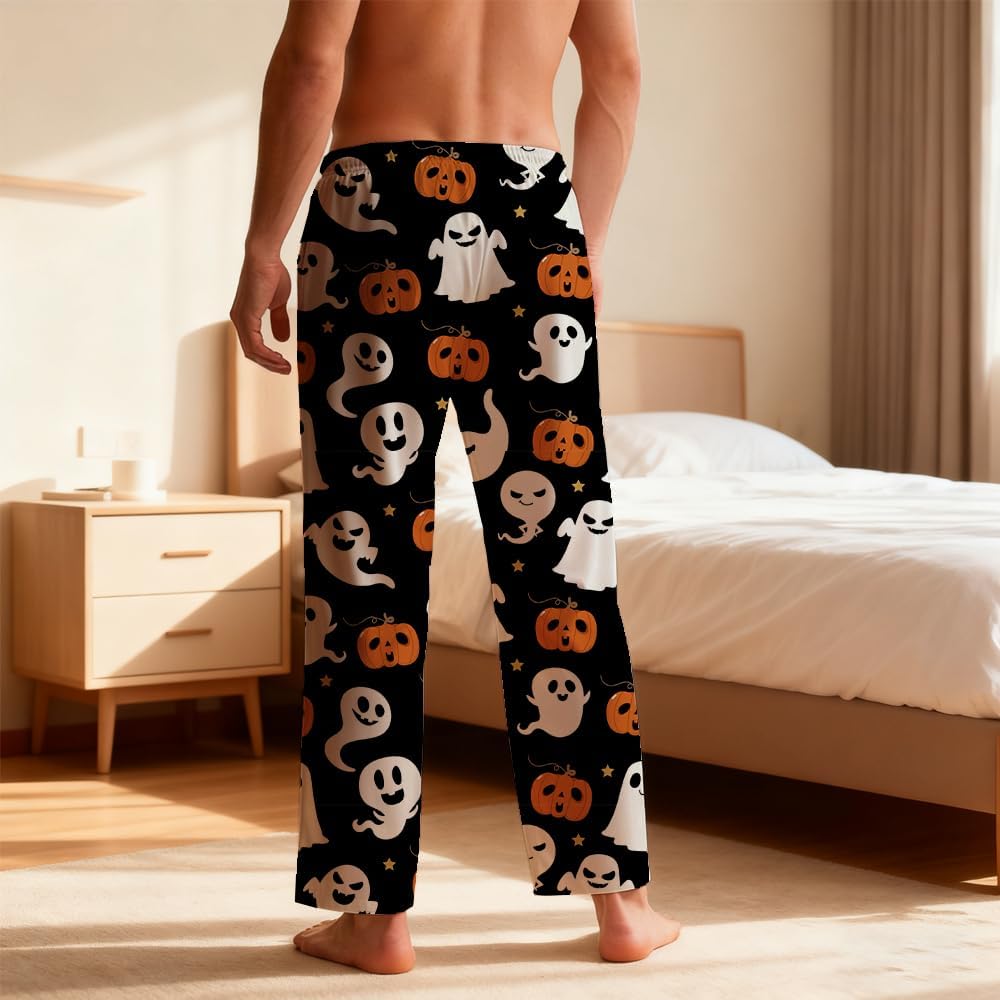 Halloween Pajamas Men Funny Print Ghost Pumpkin Pajama Pants Drawstring Soft Holiday Pajamas with Pockets - Image 3