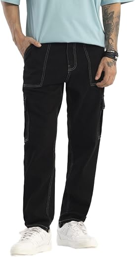 SNITCH Ottavio Black Plain Loose Fit Jeans