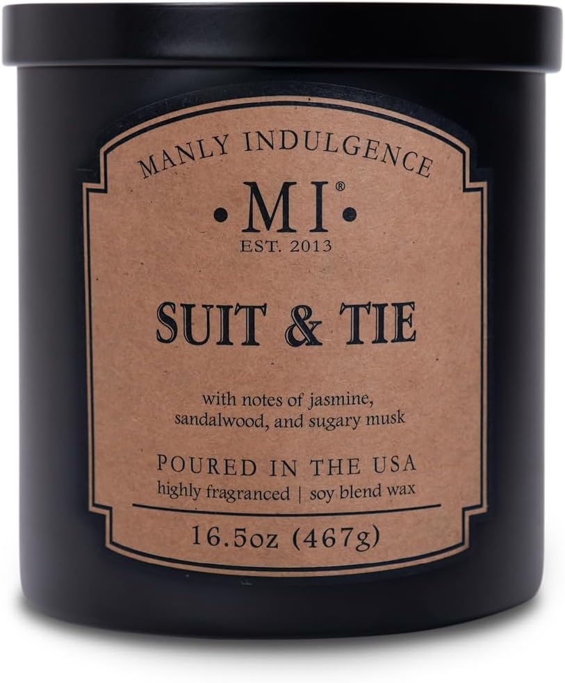 Manly Indulgence Suit & Tie Scented Candles for Men, 2 Wick, 16.5 oz, Premium Soy Blend Wax, 60H Burn, Candles for Home Scented - Made in The USA