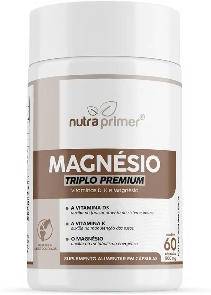 Magnésio Triplo Premium Nutraprimer – 3 em 1 Malato, Quelato e Cloreto de Magnésio P.A – Suplemento Alimentar 60 Cápsulas de 500mg