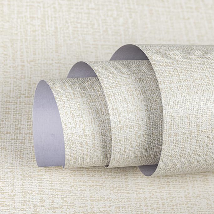 TANONE Cream Linen Wallpaper PVC Self-Adhesive Peel and Stick DIY Wallpaper Faux Imitation Cloth Vinyl Film Wall Sticker Solid Color Decorate Furniture Bedroom (15.8 in X 118 in)