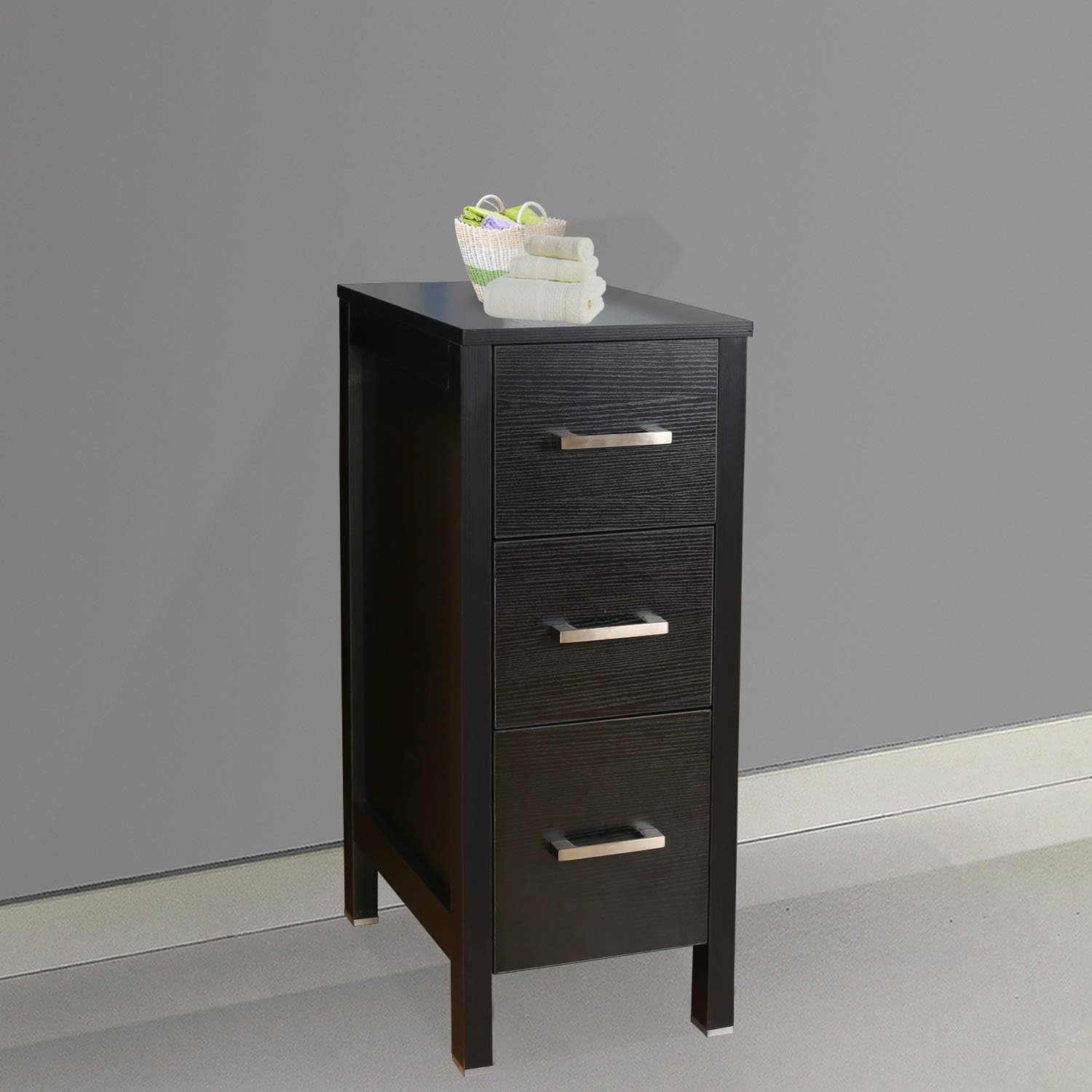 eclife 12" Bathroom Vanity Side Cabinet Floor Freestanding Cabinet W/3 Drawers & Wood Frame, Space Saver Storage Organizer for Bathroom (Black)