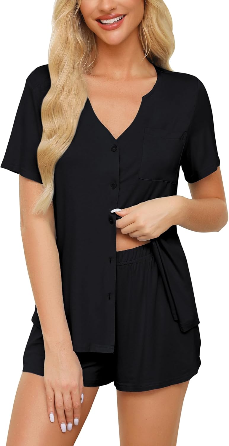 Anjue Pajamas for Women Soft Button Up Pajama Set Short Sleeve Shirt and Pajama Pants Lounge Sets S-XXL