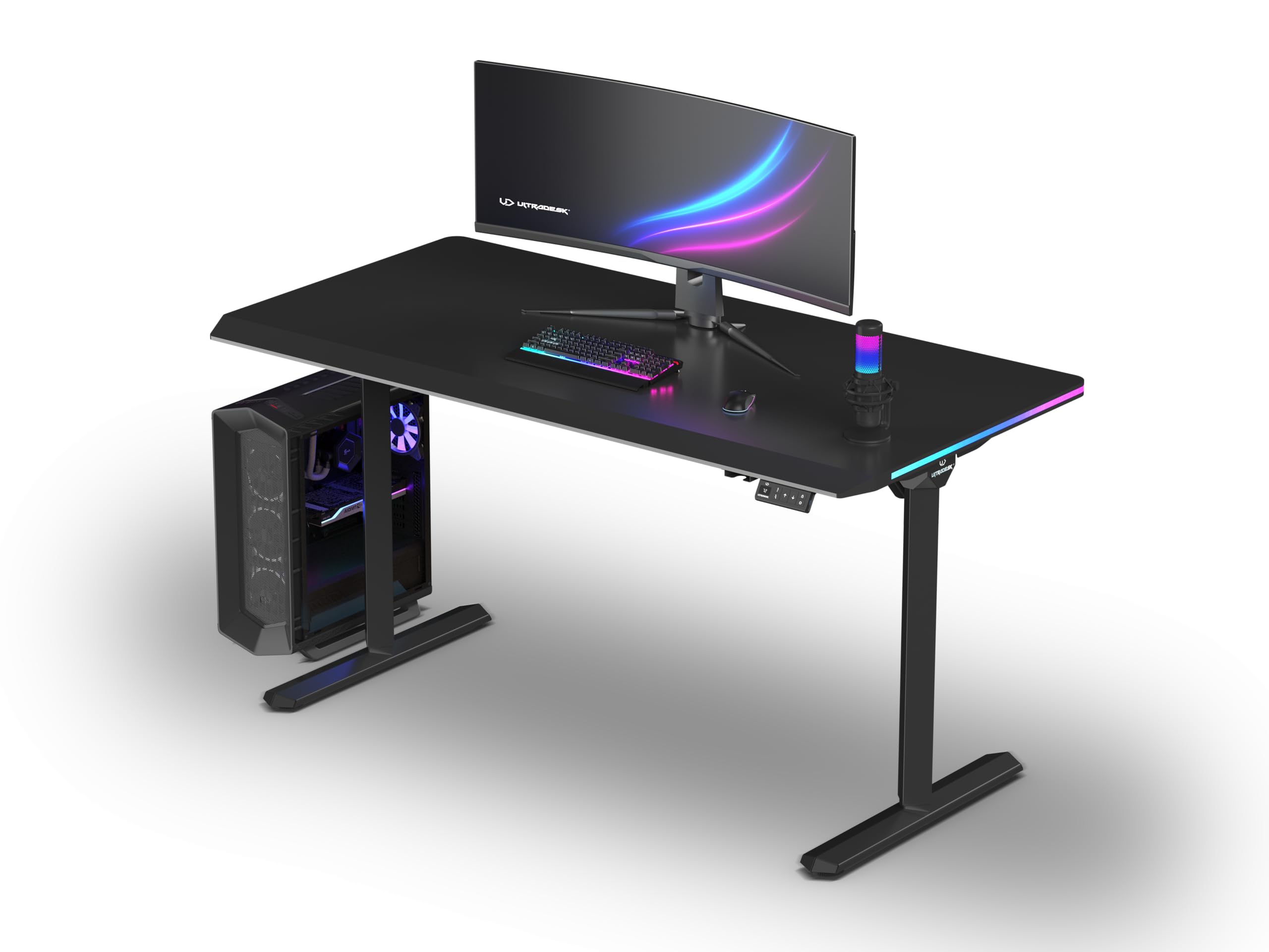 Ultradesk – Scrivania da Gaming Elettrica con Regolazione Seduta-in Piedi, LED RGB PRISMATIC, Mobile da Scrivania Ideale per Gamer, Setup Gaming - QUEST BLACK - L 140 cm, P 70 cm, H 72-120 cm - Nero