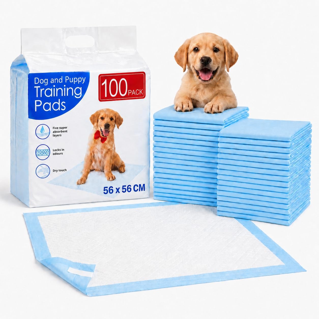 Puppy Training Pads 100/50 Pack - Disposable Puppy Pads for Dogs - 6 Layer Super Absorbent Waterproof Dog Pee Pads - Leak Proof Disposable Incontinence Pads Pet Training (Pack of 100 - 56x56 CM)