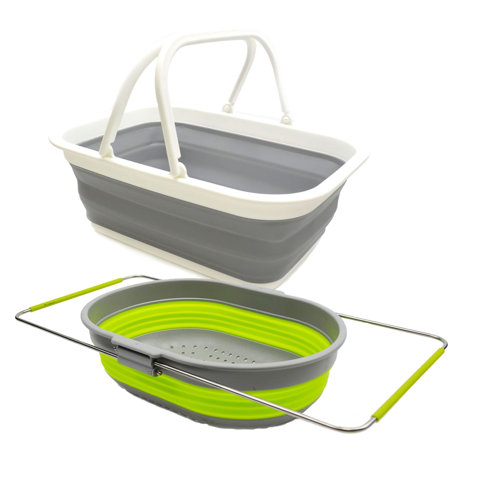 SAMMART 9.2L Collapsible Tub with Handle + 5L Over The Sink Oval Colander (Grey (Basket) + Fluorescent Green (Colander))