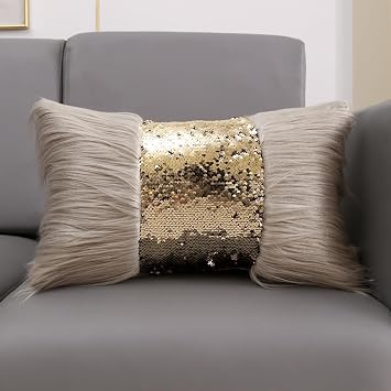 Long Fuzzy Sequin Bow Waist Pillowcase Fluffy Flip Sequins Decorative Throw Pillow Cover, Faux Fur Luxury Pillow Cases for Sofa Couch Living Room Bedroom Gold