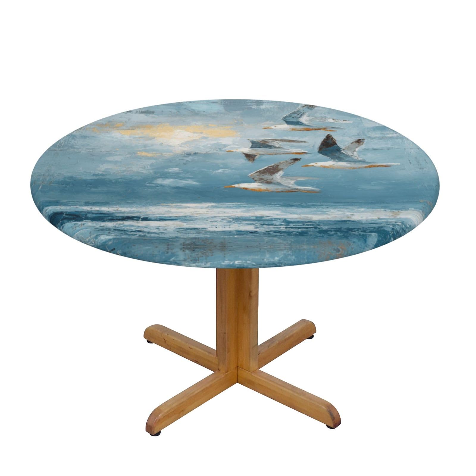ESNAIUVCD Seaside Seagulls print Waterproof Round Tablecloth,Outdoor Table Cloth with Elastic Edged, Elastic Tablecloth Wipeable, Garden Table Cloth Suitable for sizes 90cm-140cm