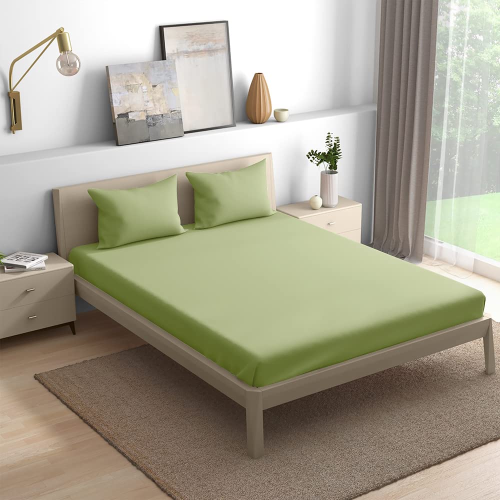 Wakefit Cotton Fitted Bedsheet | 300 TC Elastic Fitted Sheet, King Bed Bedsheet with 2 Pillow Covers | Plush Green - 78x72 inches
