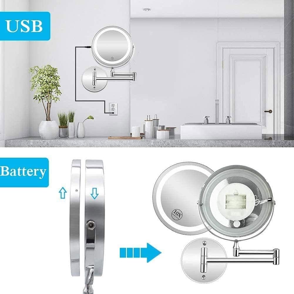 Espejo de afeitado montado en la pared con aumento de 10 aumentos, plegable de doble cara, alimentado por USB, 7 pulgadas