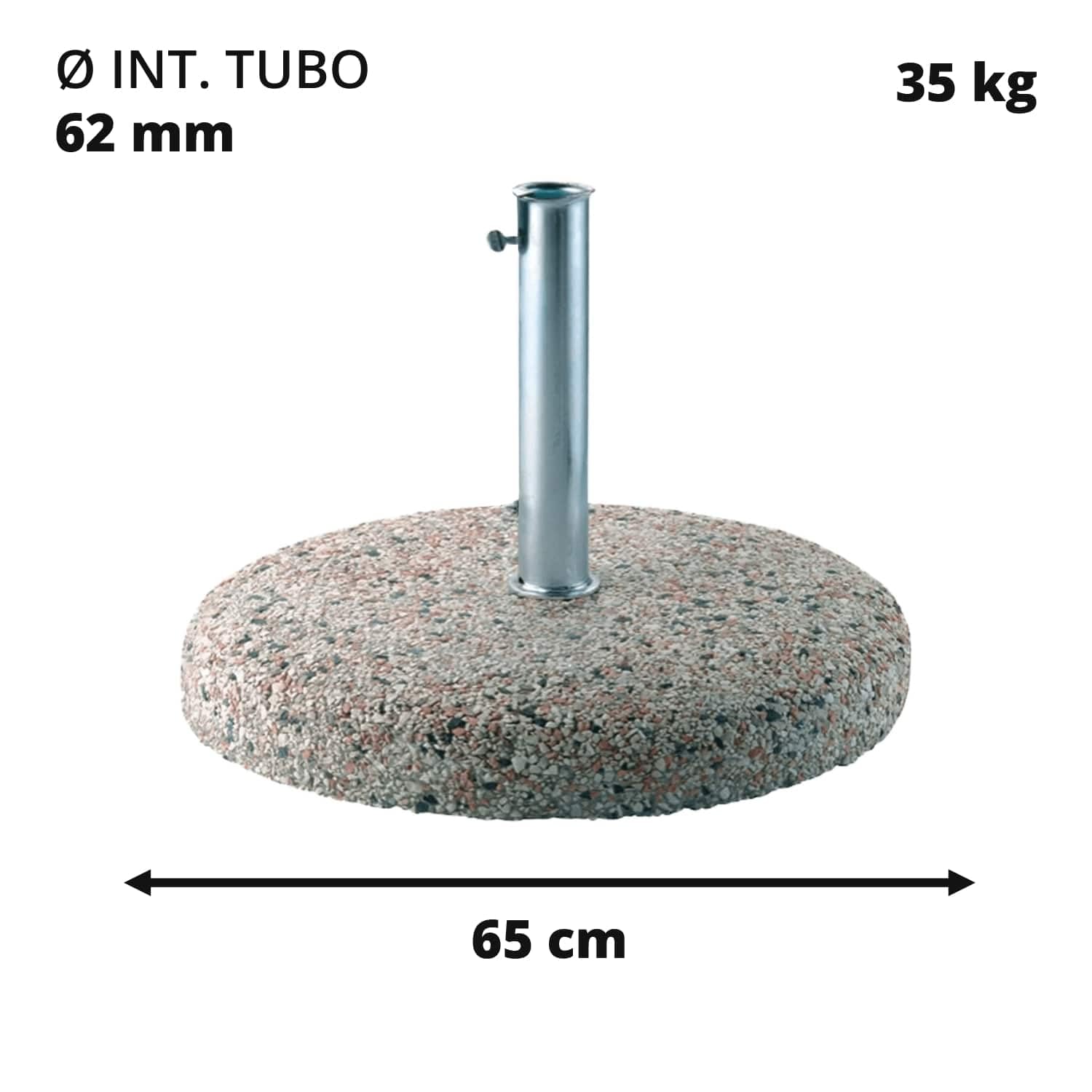 Sicignano | Base Rotonda 55 cm per Ombrellone da Giardino in Cemento Graniglia Fantasia 35 Kg, con Tubo Ferro Zincato Diametro Interno 52 mm per Palo - Arredo Giardino Piscina