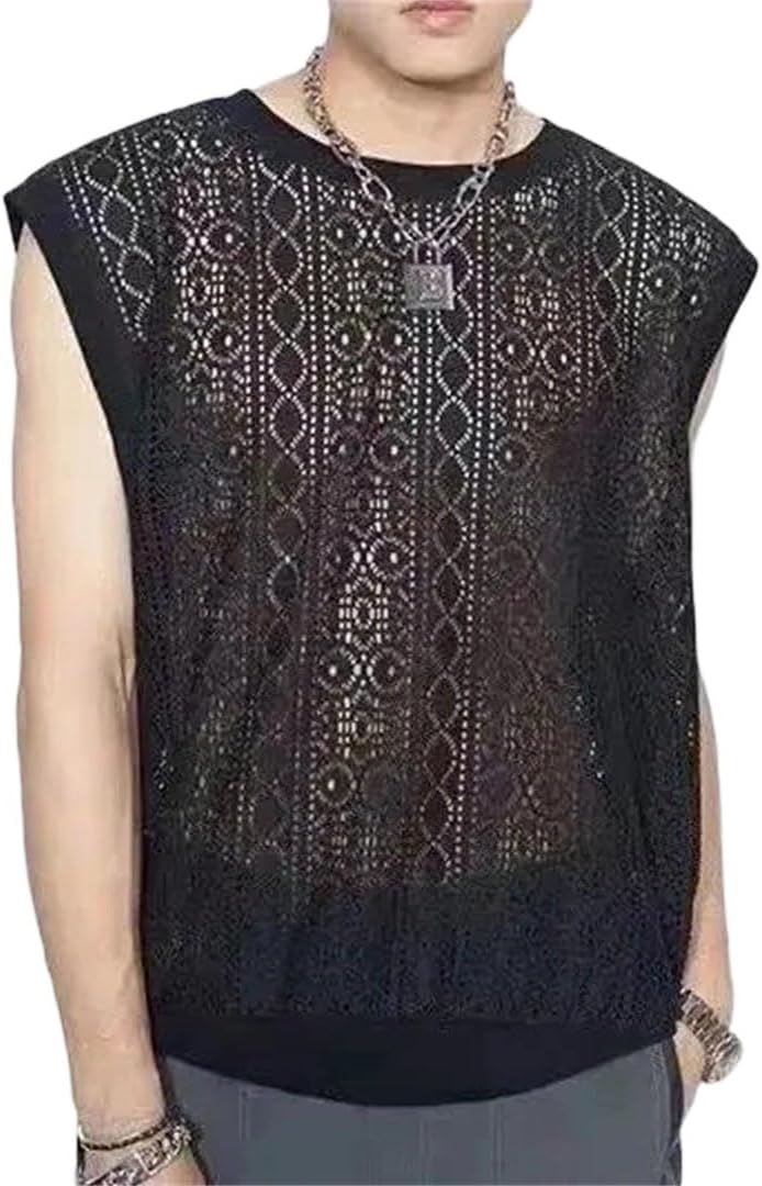 Men Tank Tops Hollow Out Printed Sleeveless Casual Streetwear Vest