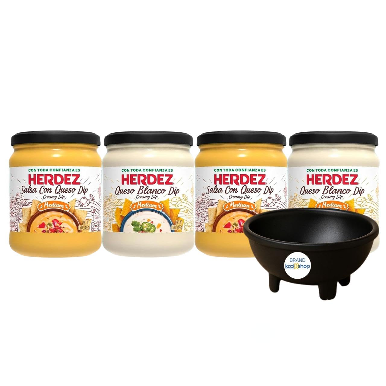 Herdez Queso Blanco Dip Medium 15 oz Glass Jar 4 Pack + 1 Salsa Serving Dish by KOOL8SHOP Infinite Deals