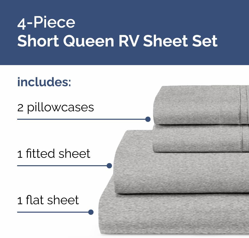 Short Queen Size 4 Piece Sheet Set - RV Short Queen, Soft, Breathable and Cooling Bed Sheets Set with Deep Pockets - Hotel Luxury Bedding for Women, Men, Kids, Teens, Boys and Girls - Heathered Grey