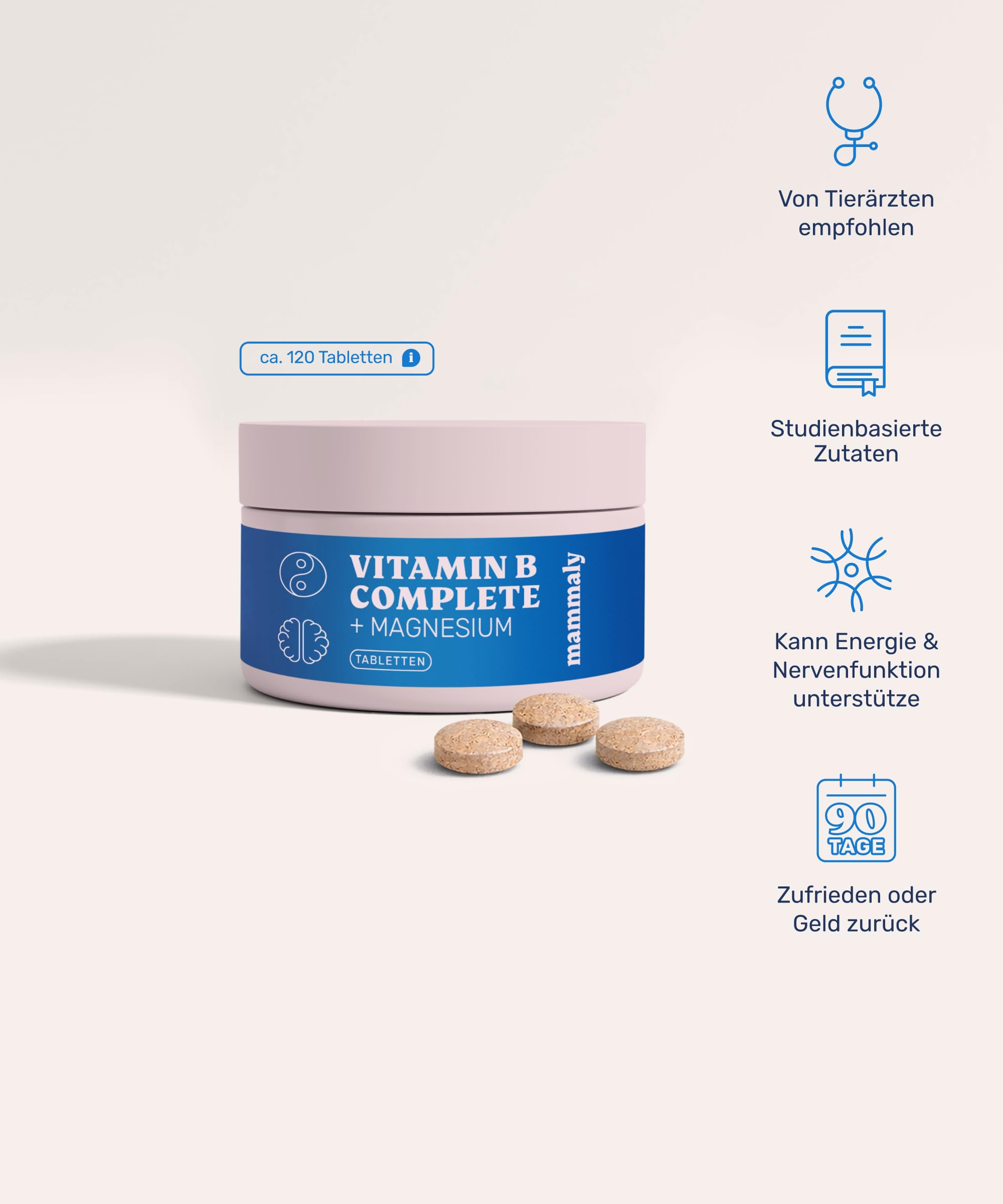 mammaly 4er BESTPREIS-Paket: Vitamin B Complete + Magnesium (bis 480 Tage) | mit 480 Tabletten (hochkonzentriert) für Stress, Haut & Fell - mit B12, Biotin - DLG zertifiziert - mit Tierärzten entwickelt