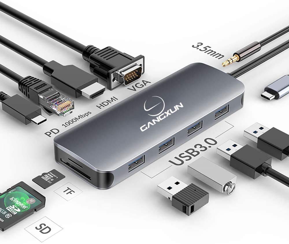 Adaptador multipuerto USB C 12 en 1, HDMI 4K, VGA, puertos USB 3.0, lector de tarjetas TF/SD, PD tipo C, Gigabit Ethernet RJ45, compatible con MacBook Air/Pro, más dispositivos tipo C