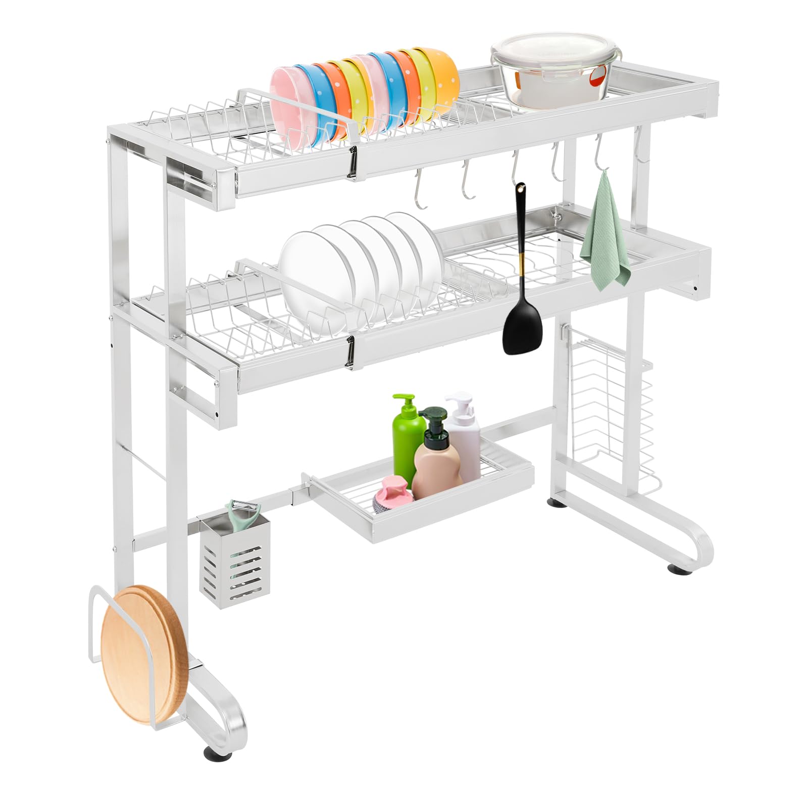 Escurreplatos de 29 x 78 cm, 2 niveles sobre el fregadero, escurridor de platos de acero inoxidable, organizador extensible sobre el fregadero de la cocina para guardar especias