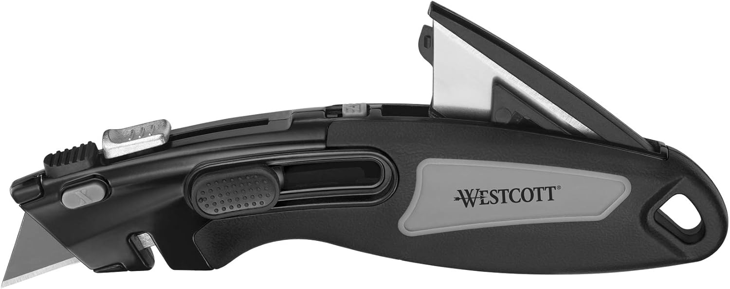 Westcott E-84032 00 Safety Cutter with Replacement Blades, Blade Magazine and Cord Cutter, Soft Grip Handle, Black