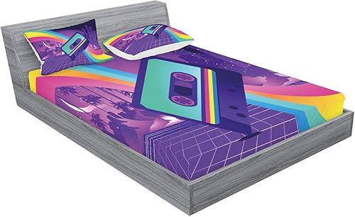 Miniatura 2 de Ambesonne Synthwave - Juego de sábanas bajeras y fundas de almohada, cinta de casete antigua y rayos arcoíris sobre una ciudad del sur con palmas,