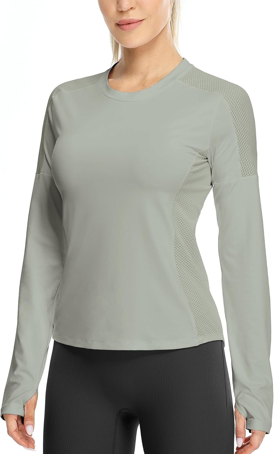 icyzone Women's Workout Long Sleeve Shirts, Athletic Crewneck Yoga Tops, Quick Dry Gym Outdoor T-Shirt with Thumb Holes