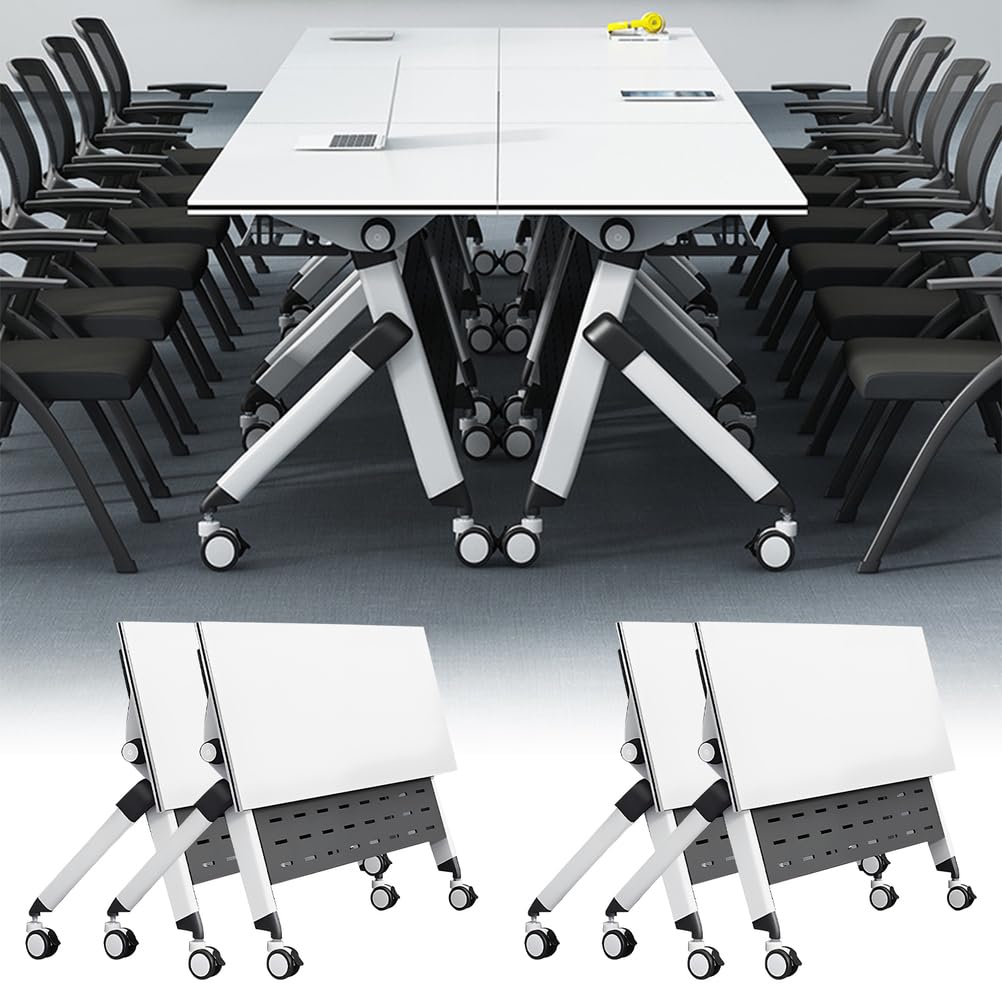 MOFGOE Folding Conference Table, Flip Top Training Table with Four Locking Wheels, Modular Office Desk with Strong Metal Frame, for Office, Conference
