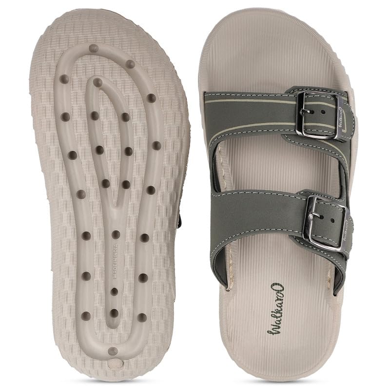 Image of WALKAROO Men's Slide Sandals with Soft Sole, Broad Straps with Buckles and Lightweight - WC8764