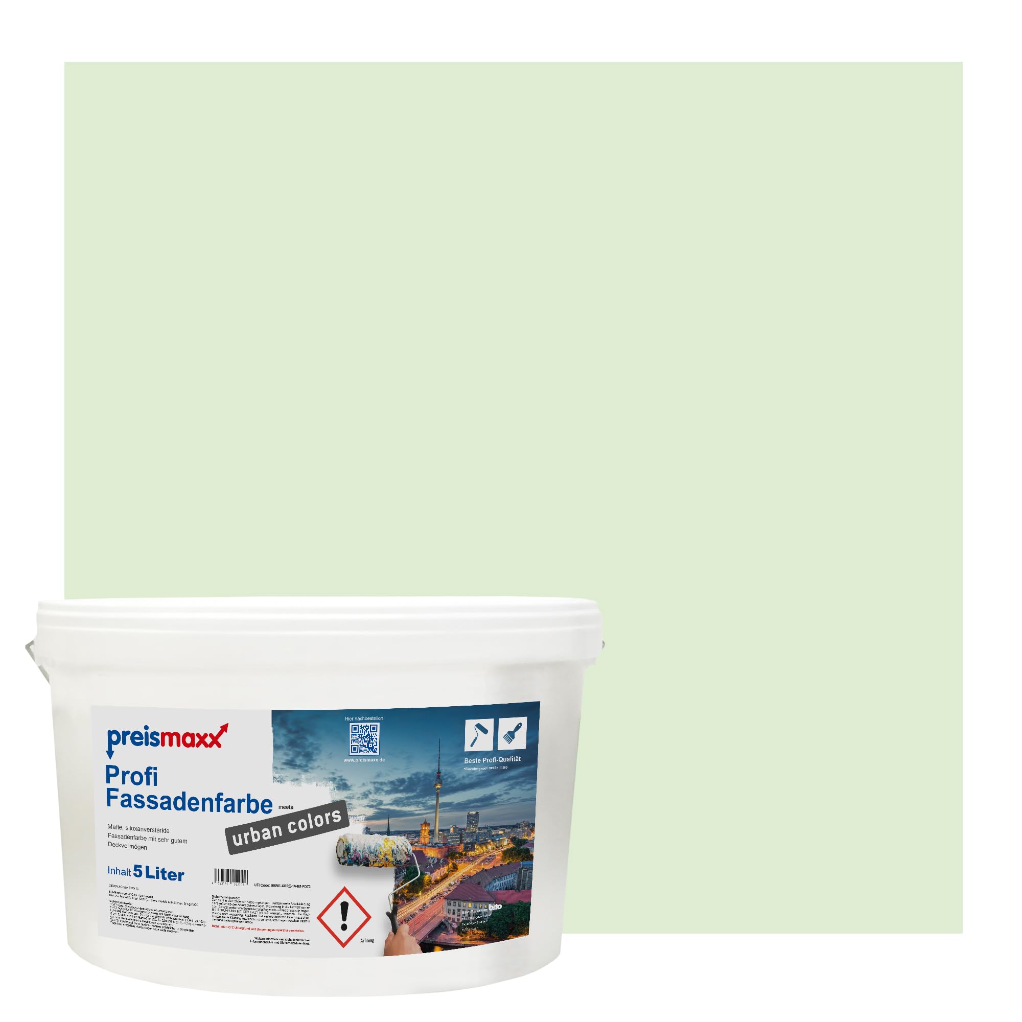 Preismaxx Profi Fassadenfarbe Grün Eisgrün silikonharzverstärkt 5l | Für Putz Beton, Abperleffekt, wasserabweisend, UV-beständig, hohe Deckkraft, rissfüllend, diffusionsoffen, Made in Germany,