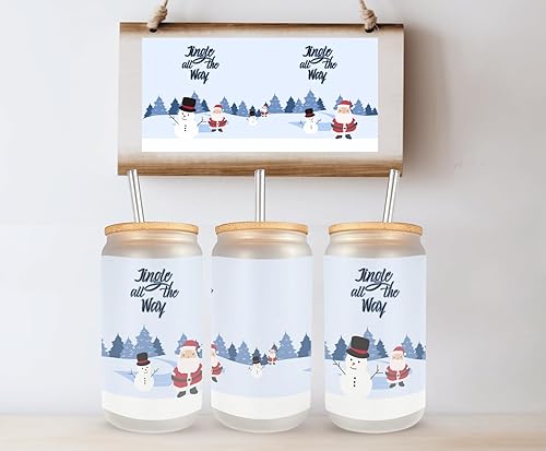 Miniatura 2 de Jingle All The Way Frosted Glass Can with Bamboo Lid, cleaning brush and plastic straw, 16 Oz Santa Claus & Snowman Glass Cup Mugzan