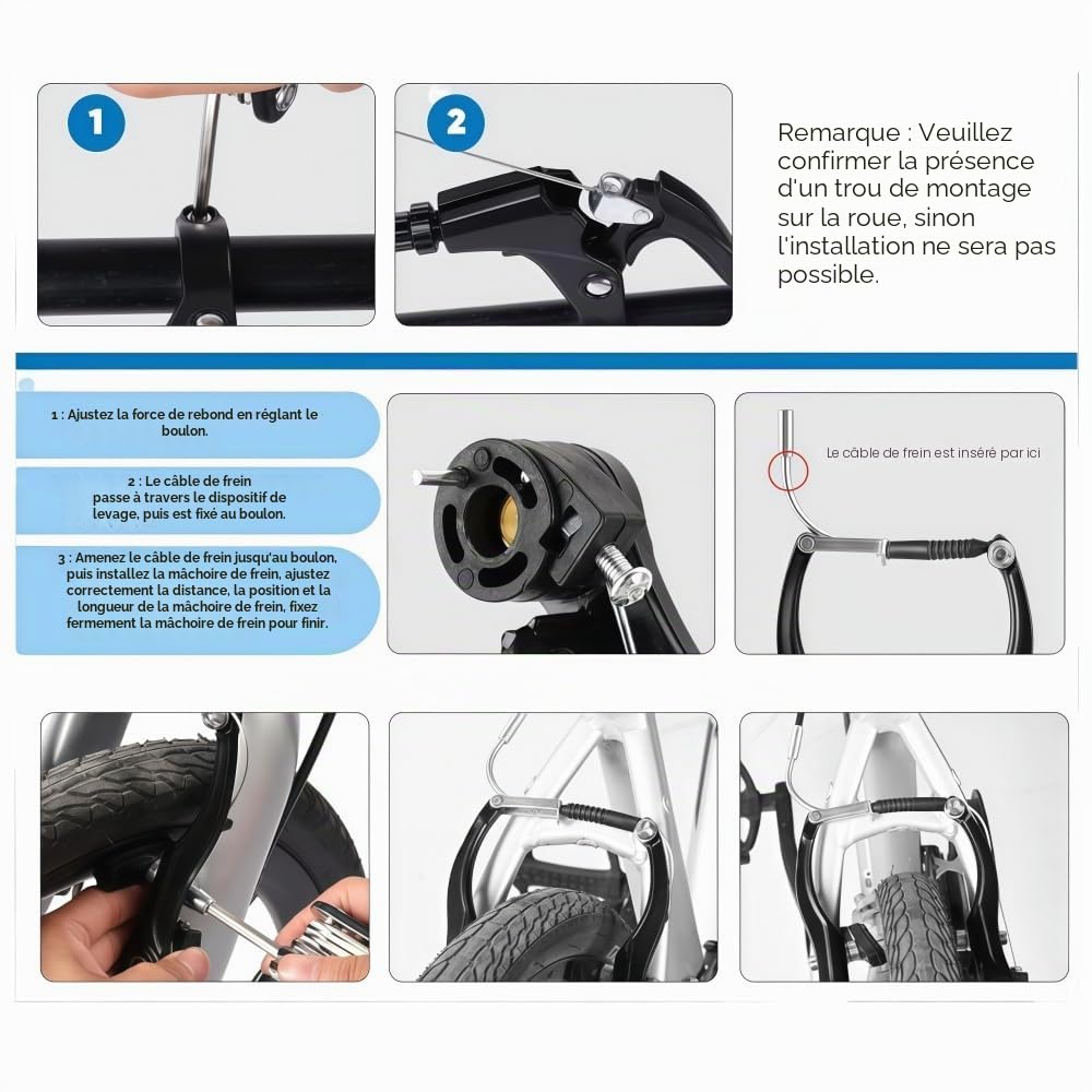 Kit de frein V-Brake pour vélo, système de frein avant et arrière universel, composé de leviers de frein, étriers, câbles de frein et plaquettes de frein.