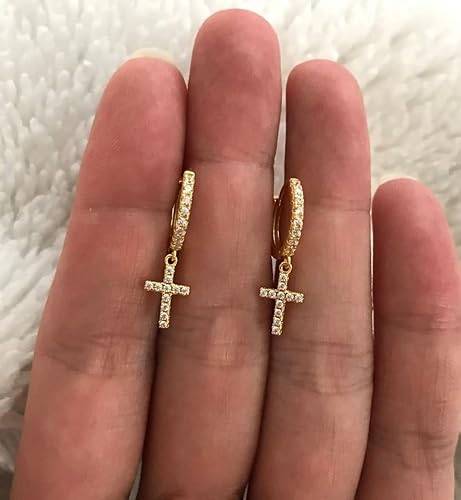 Miniatura 5 de Gold Mini Dangle Huggie Earrings for Women, Dainty 14K Gold Plated Cubic Zirconia Small Hoop Earrings with Charm Drop, Jewelry Gift for Girls and