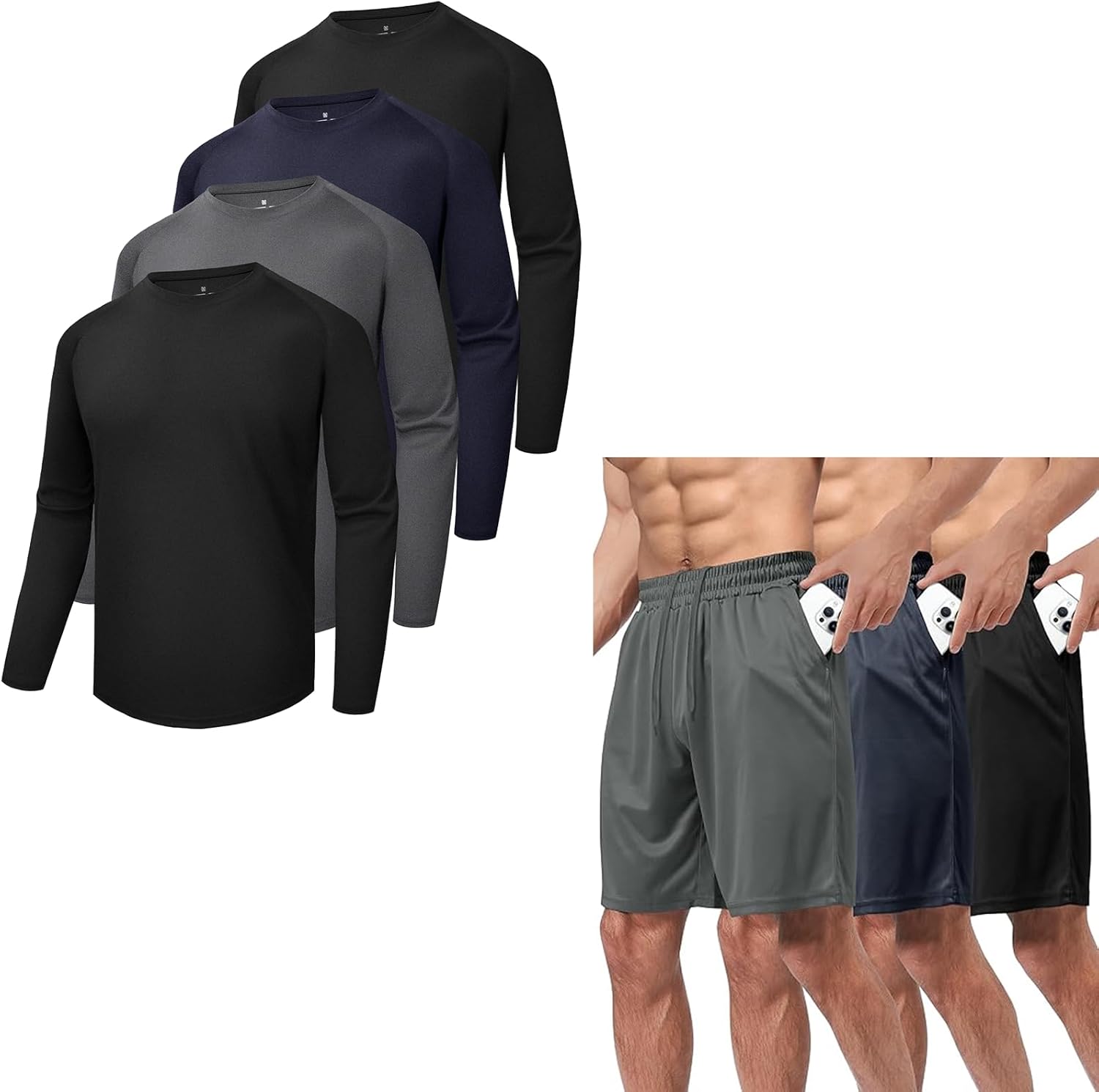 3 Pack Gym Basketball Mens Shorts and 4 Pack Long Sleeve Shirts for Men