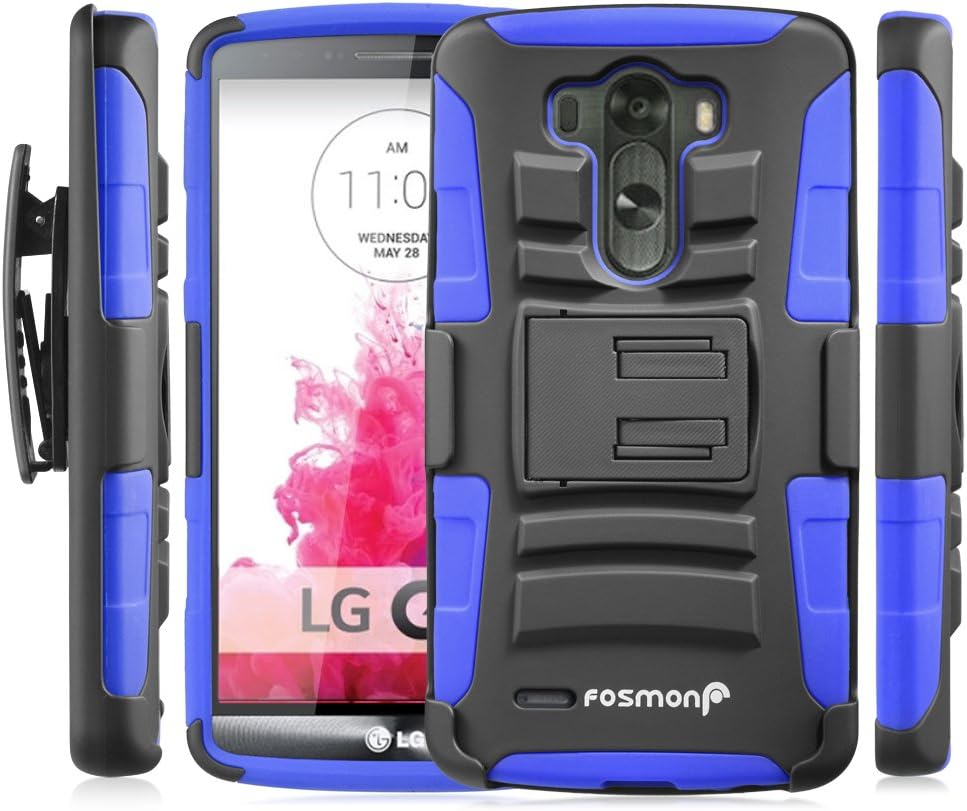 Fosmon STURDY Shock Absorbing Dual Layer Hybrid Holster Cover Kickstand Case for LG G3 - Retail Packaging (Dark Blue)