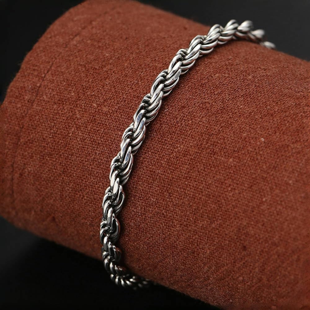 ForFox Pulsera de Cadena de Cuerda Trenzada con Broche Budista de Plata de Ley 925 Vintage para Hombre Mujer 4mm 18/20cm